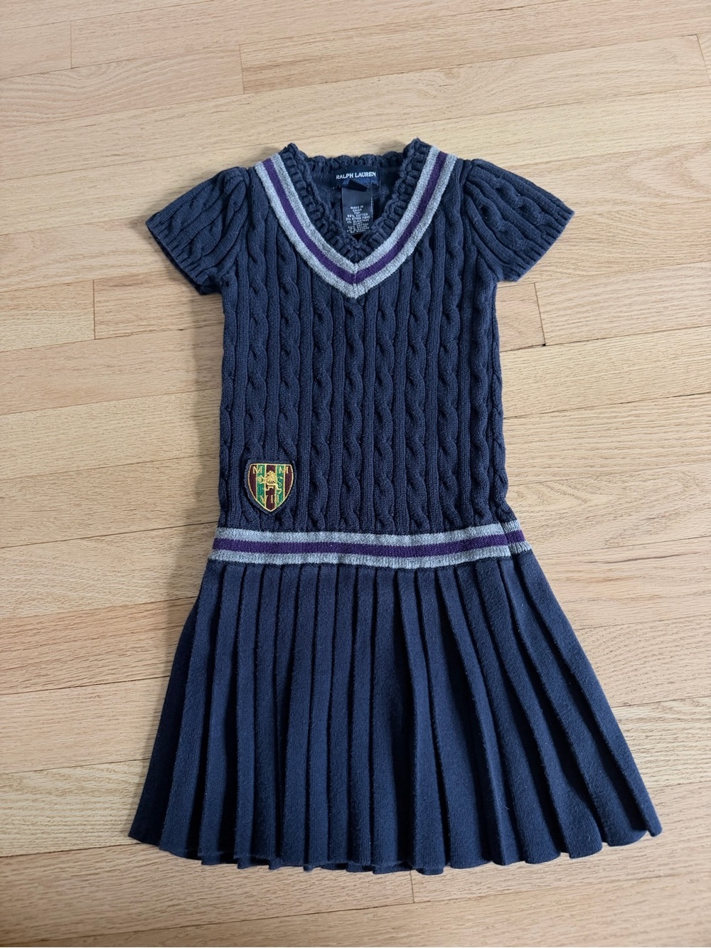 Ralph Lauren Navy Cable-Knit Pleated Kids Dress